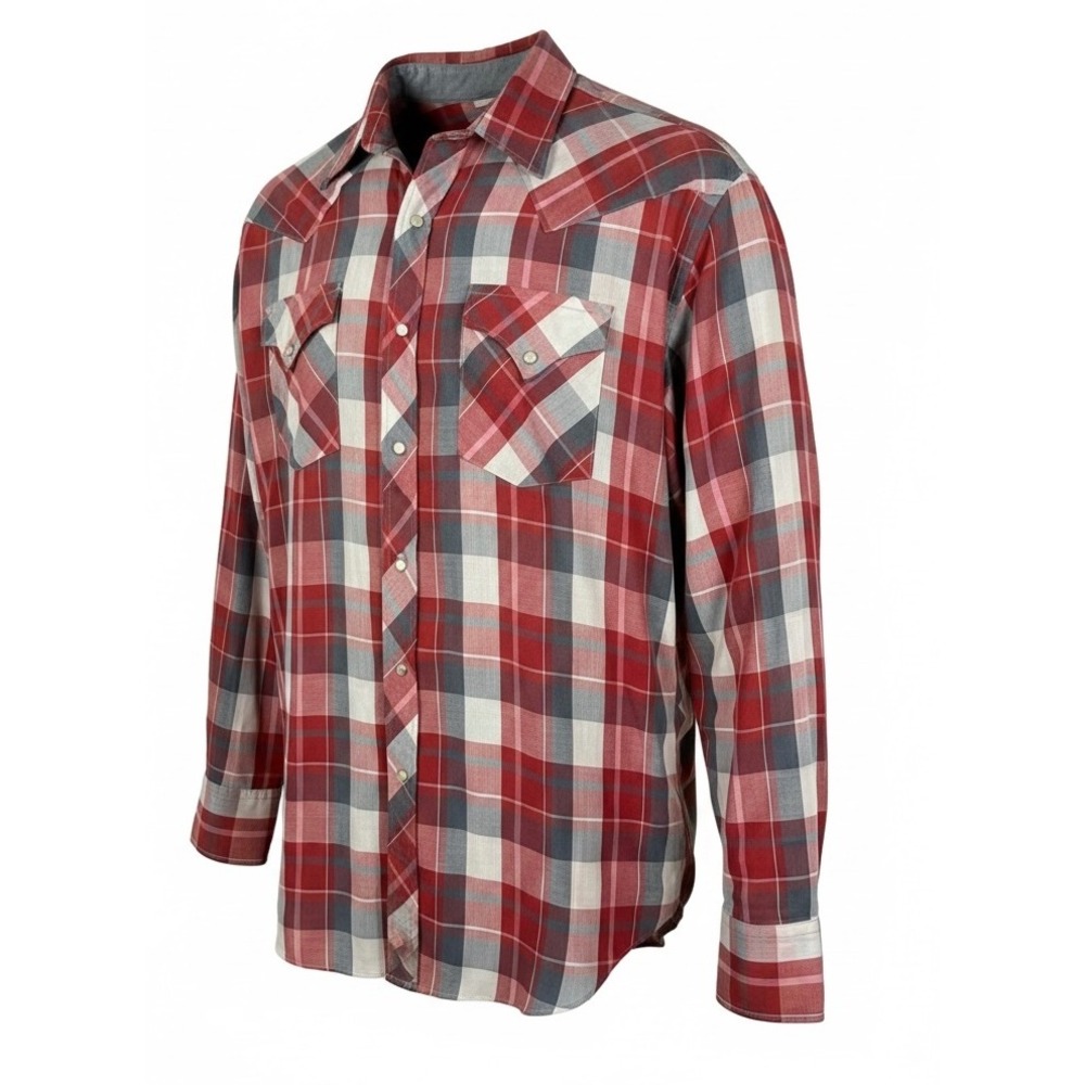 Vintage 70s Miller Western Shirt Red Plaid Pearl Snap Lightweight Rockabilly